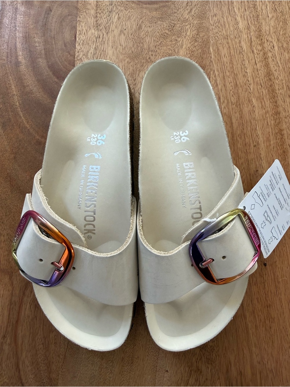 Birkenstock Kids Cream Madrid Slide Sandals with Iridescent Rainbow Buckle